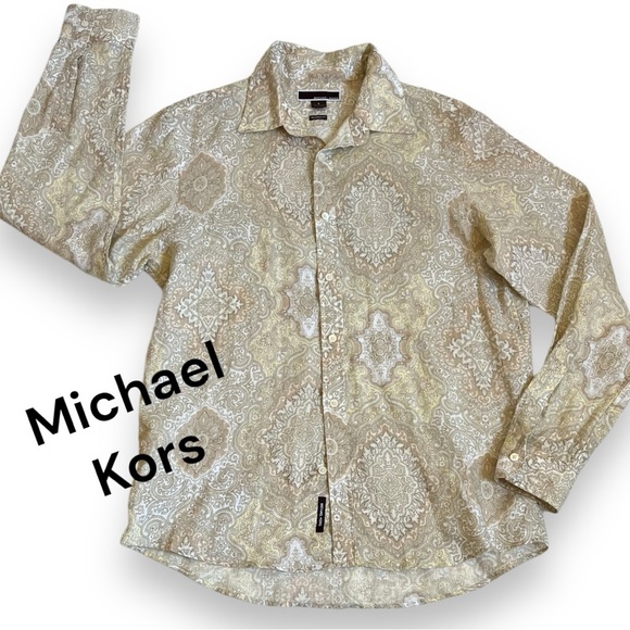 Michael KORS Tan Paisley Print Button Down Dress Shirt Sz L - Picture 1 of 7